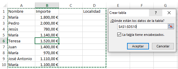 Cambiar tamaño de una tabla de Excel