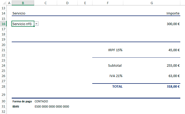 Cuerpo de factura con Excel

