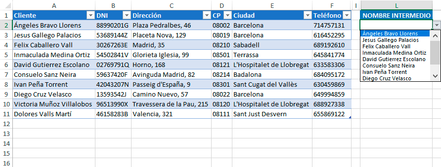 Validación de datos en Excel. Nombre intermedio