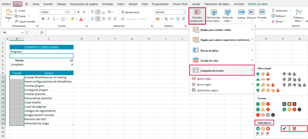 Crear un checklist en Excel. Formato condicional. Conjunto iconos