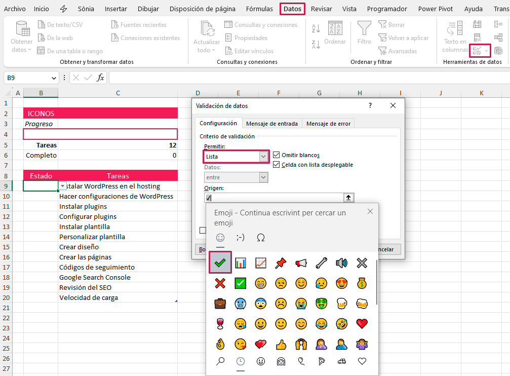 Crear un checklist en Excel. Validación datos en Excel. Añadir emoticonos