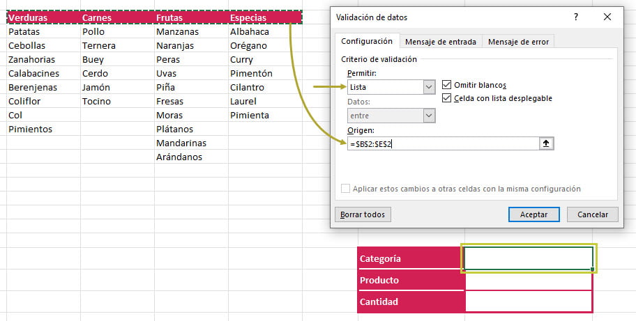 Validación de datos en Excel. Lista desplegable