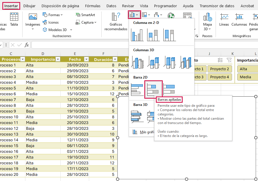 Insertar gráfico de barras apiladas en Excel